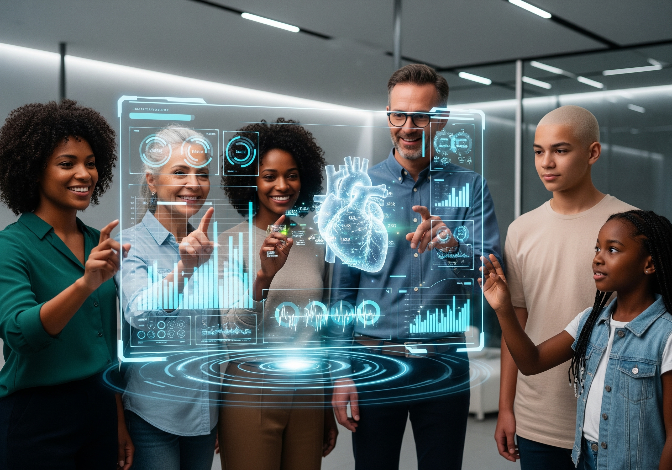 Healthcare professionals using AI-powered medical interface with holographic displays showing patient data and analytics