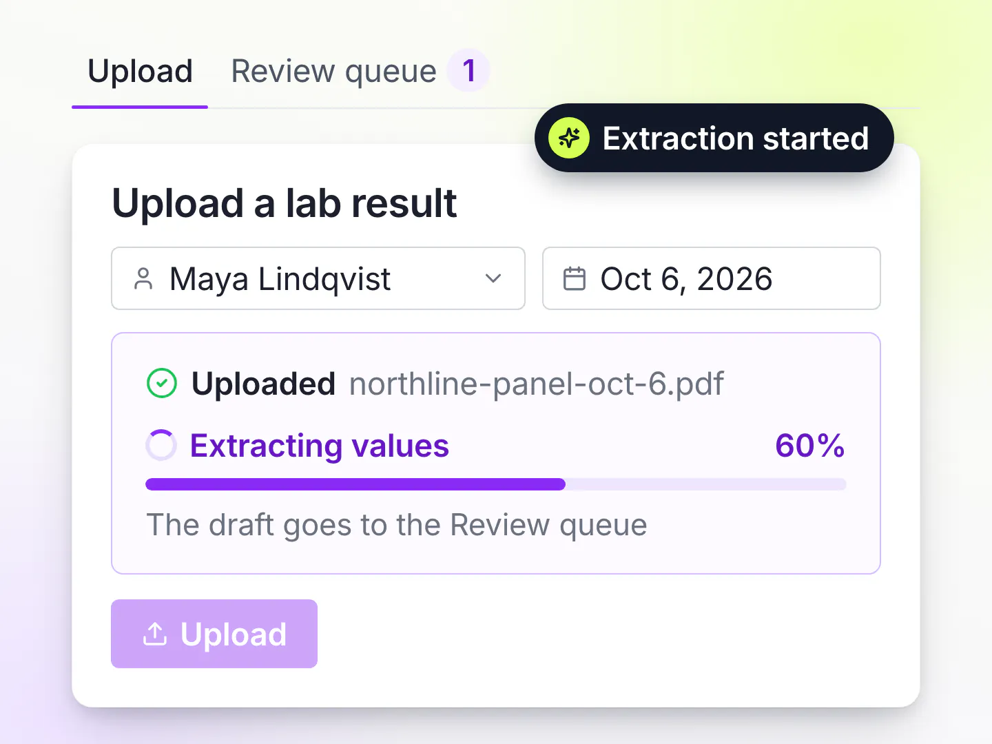 LongevityEHR lab upload form showing a PDF uploaded to a patient chart and value extraction in progress at 60 percent