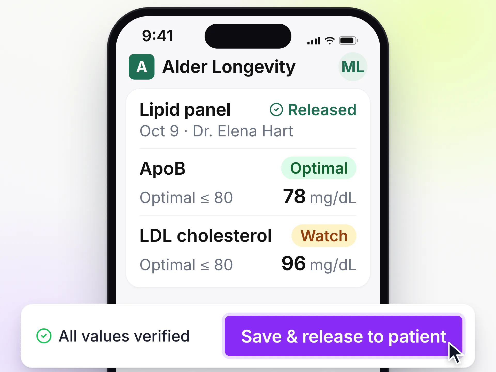 LongevityEHR patient portal on a phone showing a released lipid panel with ApoB optimal and LDL cholesterol on watch