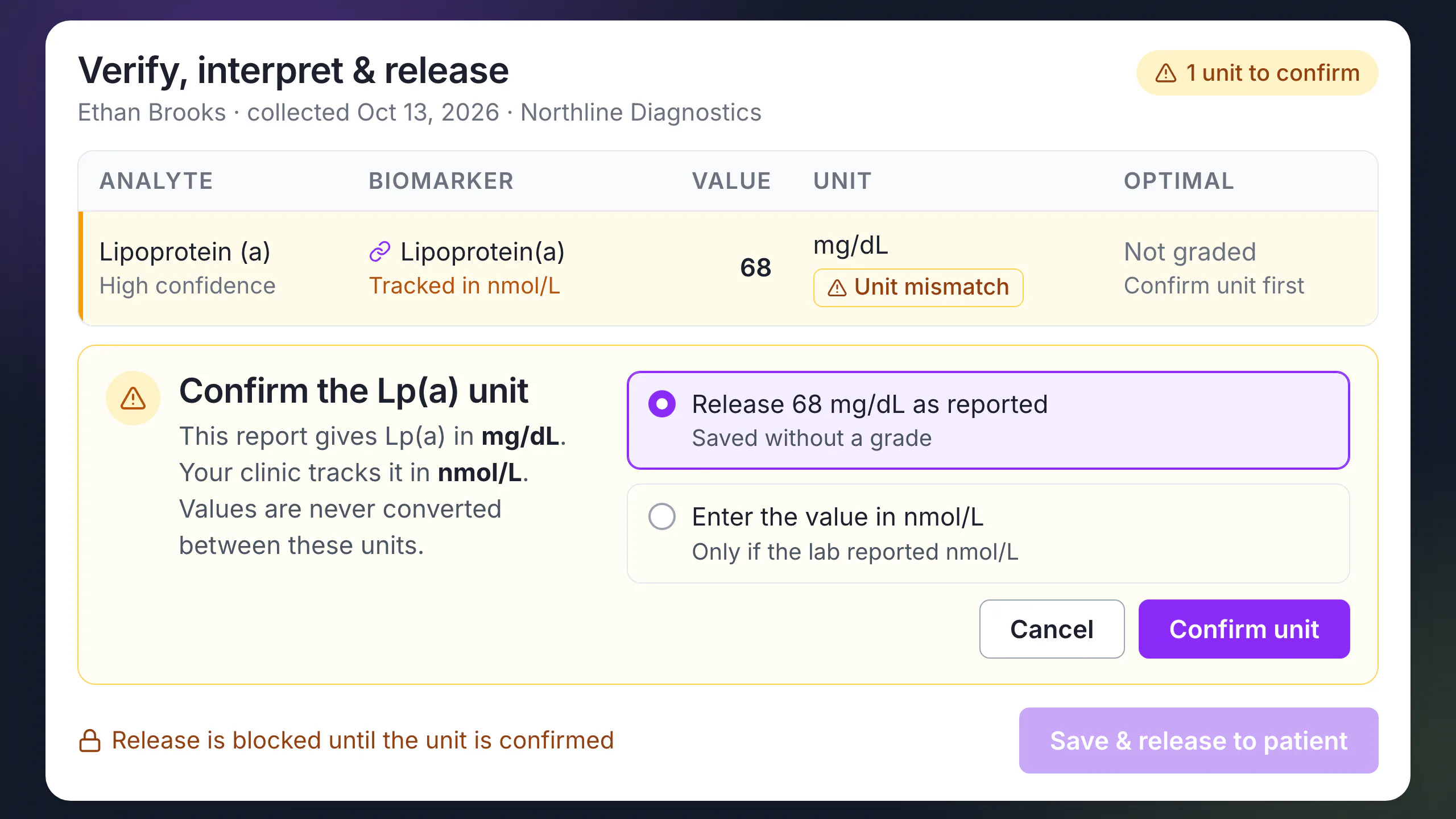 LongevityEHR lab review row for Lp(a) reported in mg/dL against a biomarker tracked in nmol/L, with the unit confirmation prompt