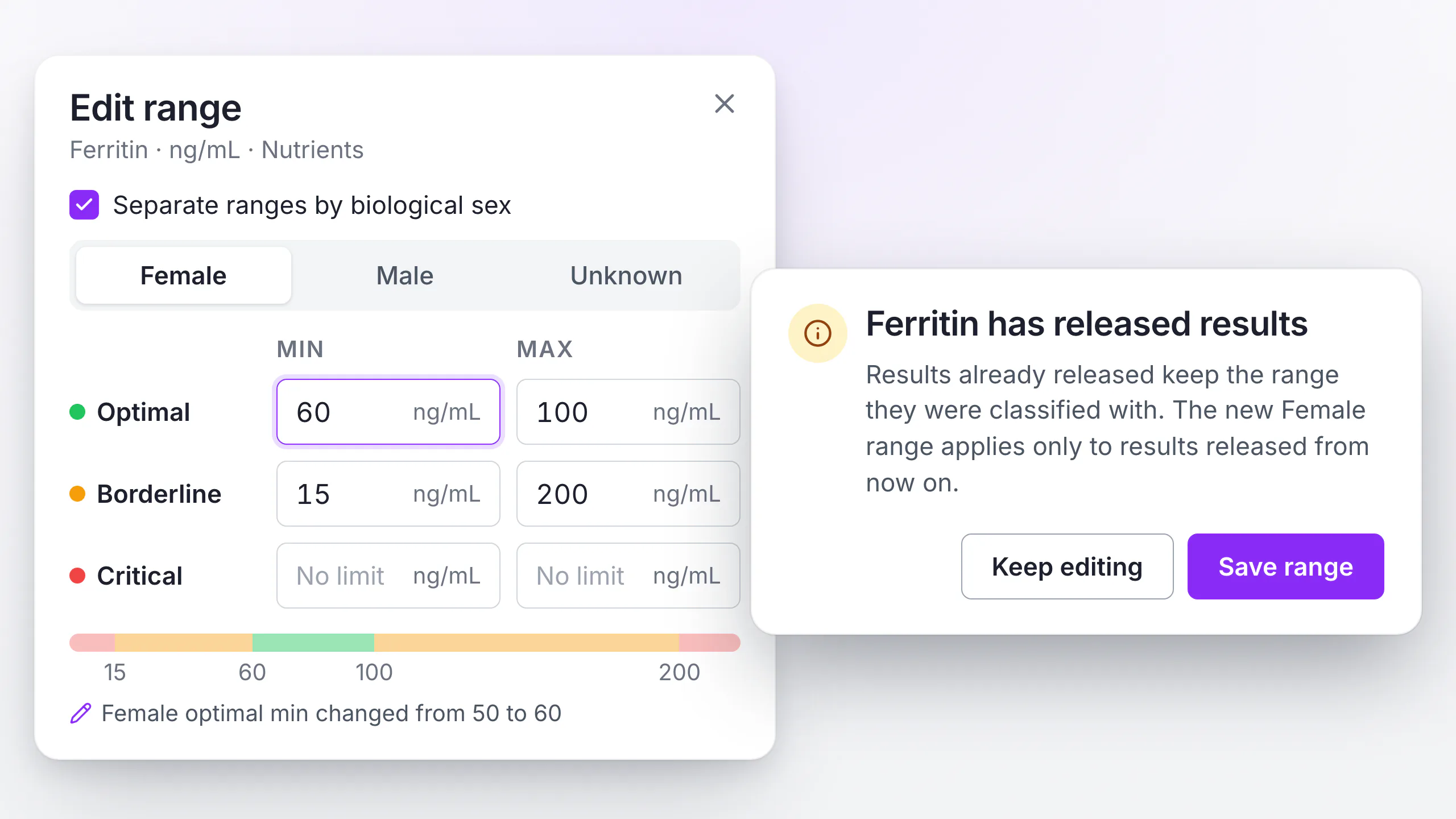 LongevityEHR range editor for ferritin split into Female, Male and Unknown tabs, with a notice that released results keep their range