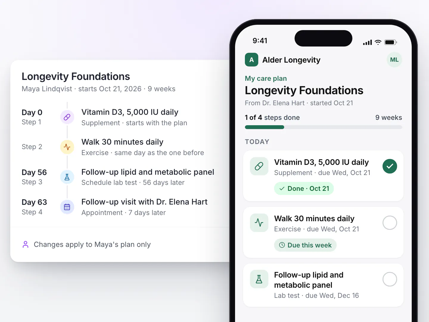 LongevityEHR care plan template assigned to a patient, next to the portal on a phone with the first supplement step done