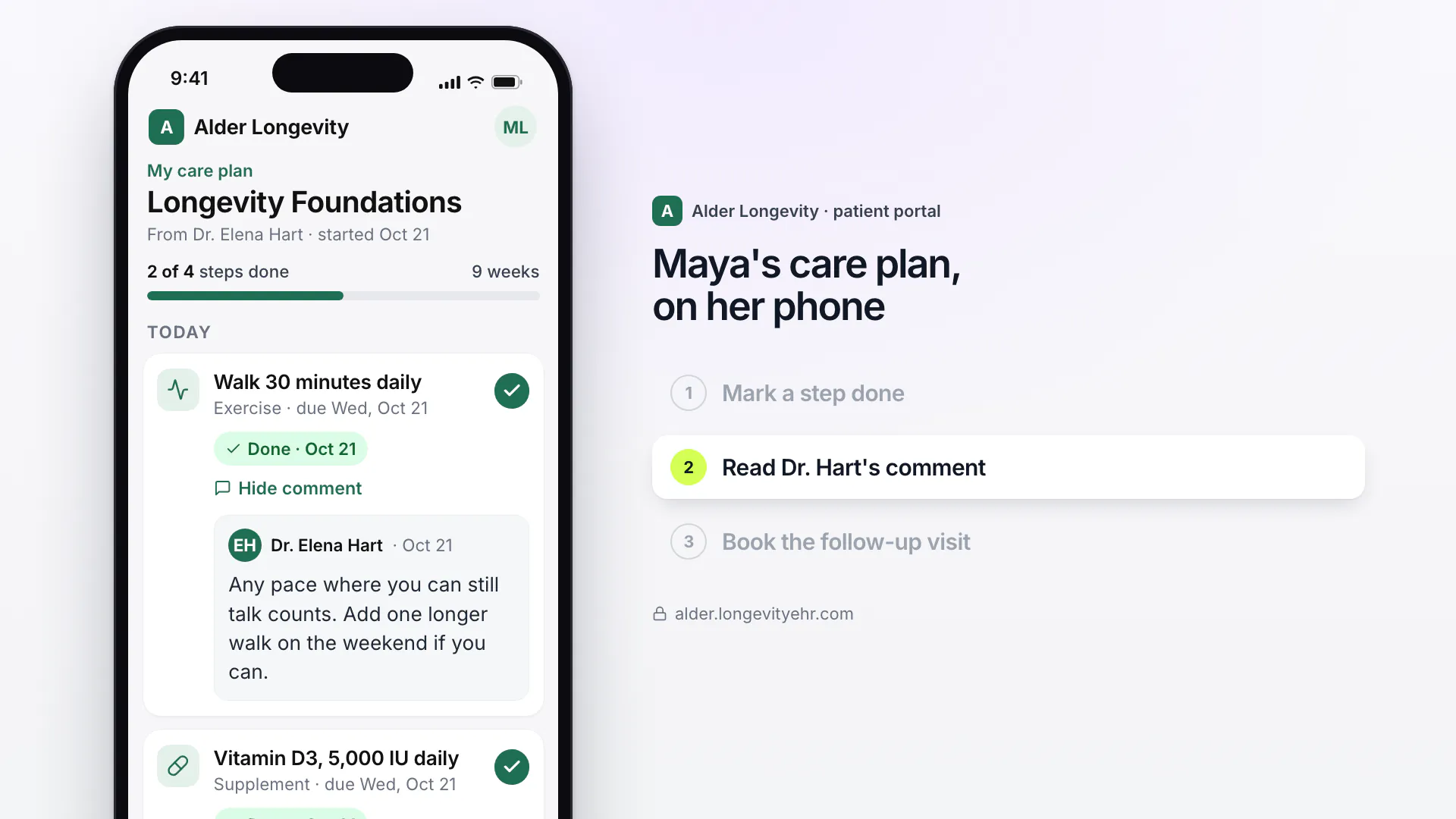 LongevityEHR patient portal care plan on a phone with a walking step marked done and the provider's comment open