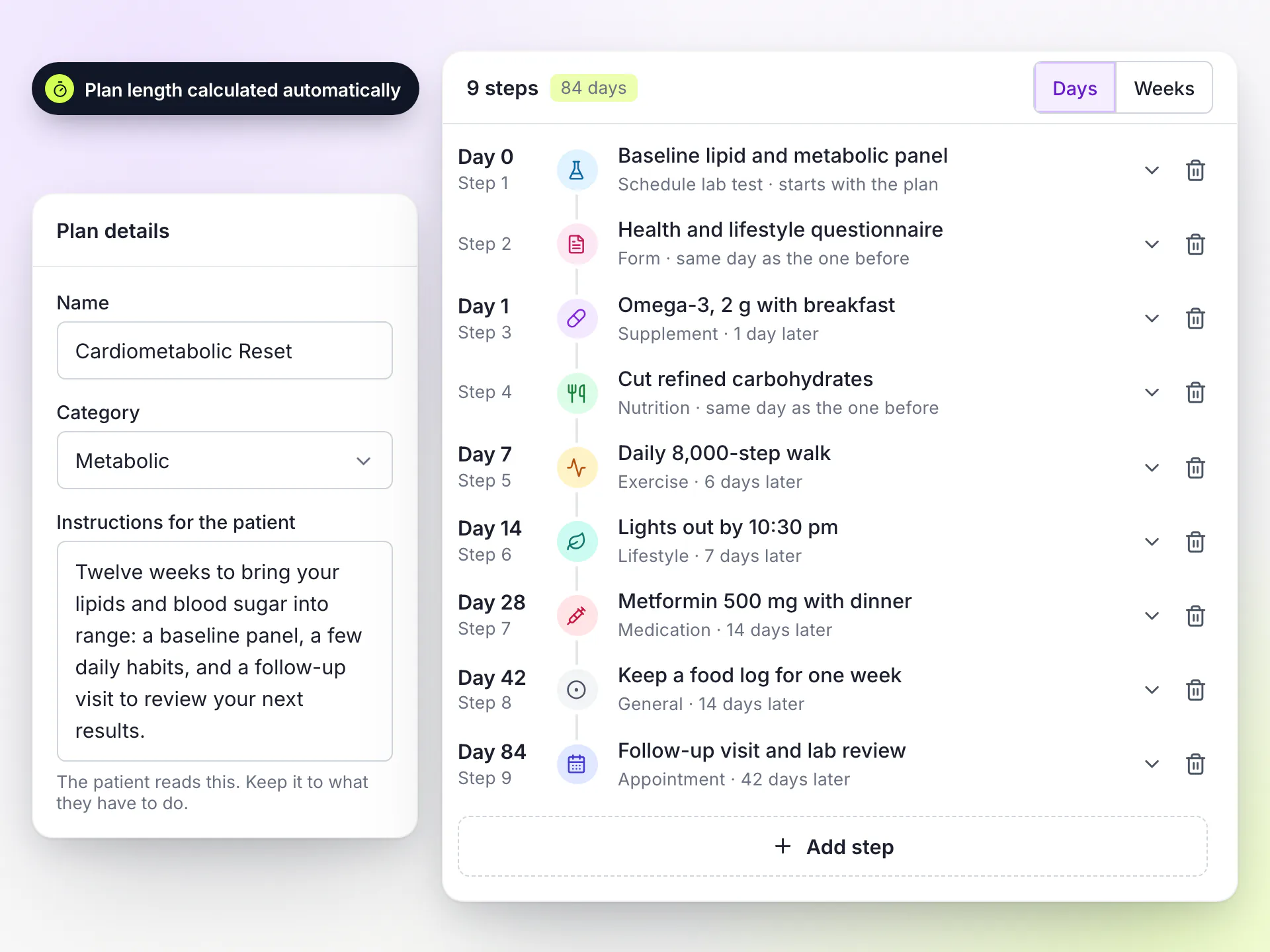 LongevityEHR care plan template editor with nine steps of different types placed in days and an 84 day plan length