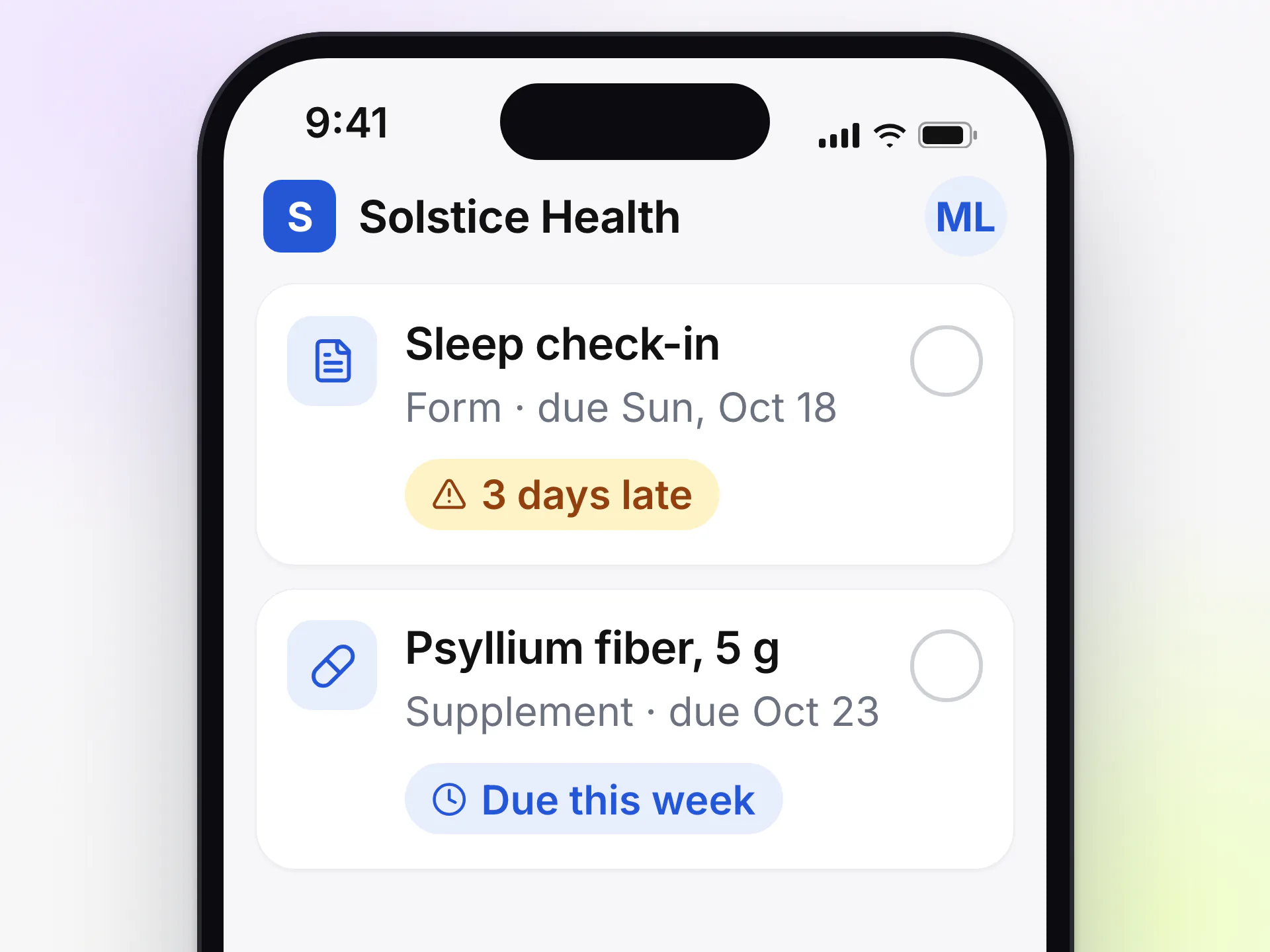 LongevityEHR patient portal care plan on a phone with a form step three days late and a supplement due this week