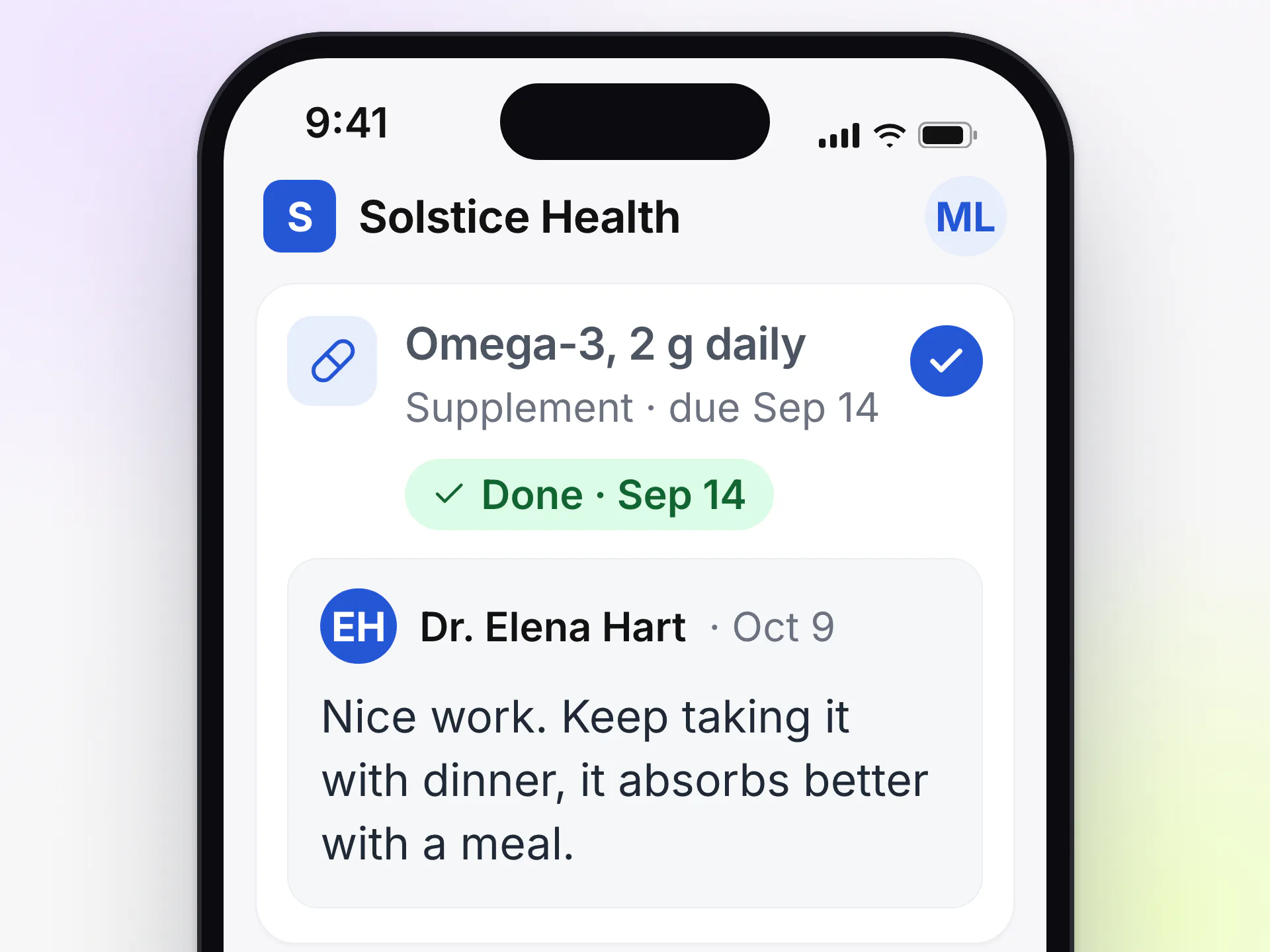 LongevityEHR patient portal on a phone with an omega-3 supplement step marked done and the provider's comment inside it