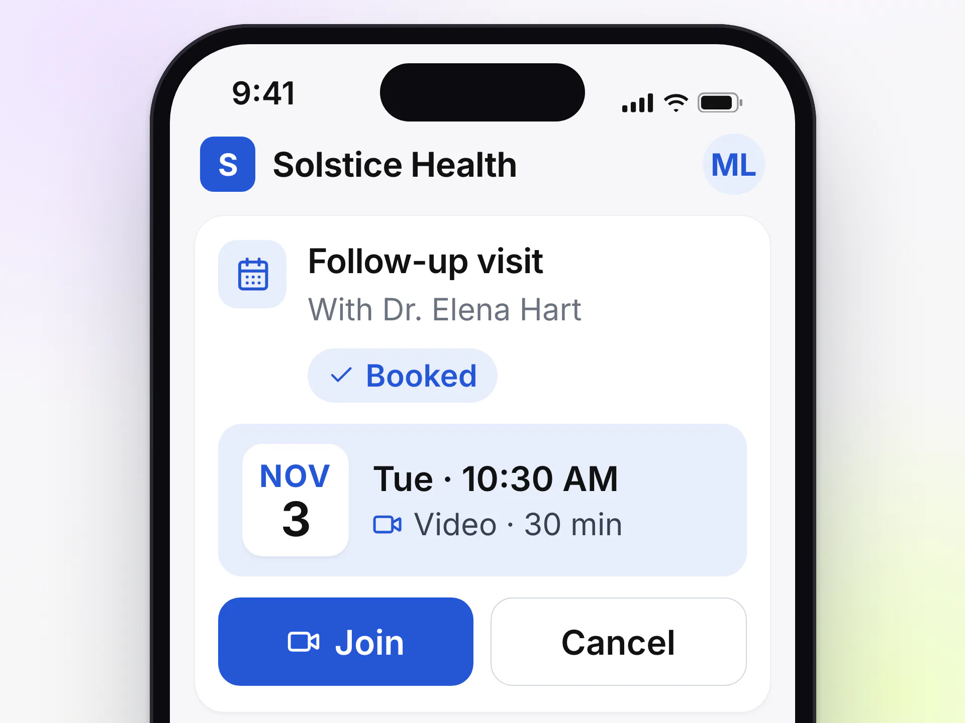 LongevityEHR patient portal on a phone with a booked video follow-up visit step showing its date, Join and Cancel buttons