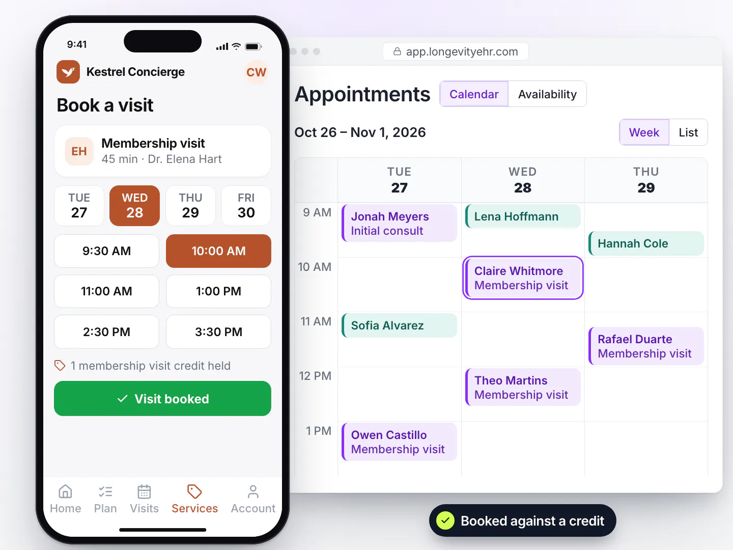 LongevityEHR concierge portal on a phone booking a membership visit against a credit, next to the provider week calendar