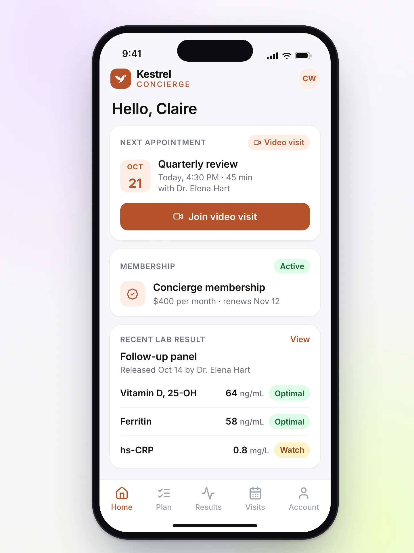 Concierge clinic branded LongevityEHR portal on a phone with the next video visit, an active membership and recent lab results