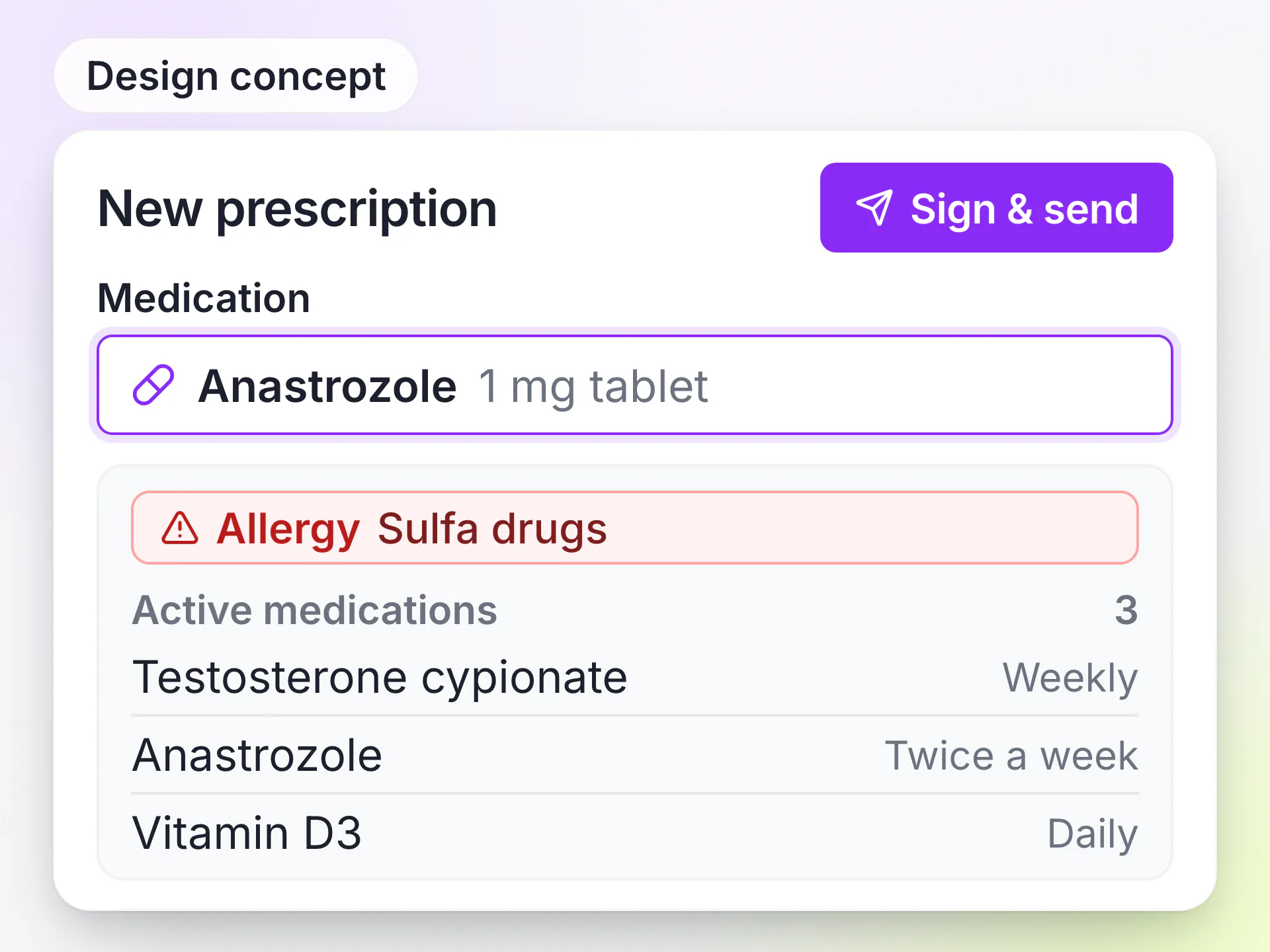 Design concept of a LongevityEHR new prescription form with a sulfa drug allergy warning and the active medication list
