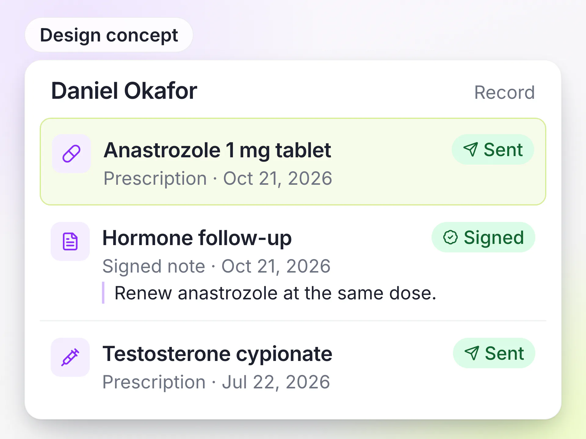 Design concept of a LongevityEHR patient record listing a sent anastrozole prescription with its date above the latest signed note