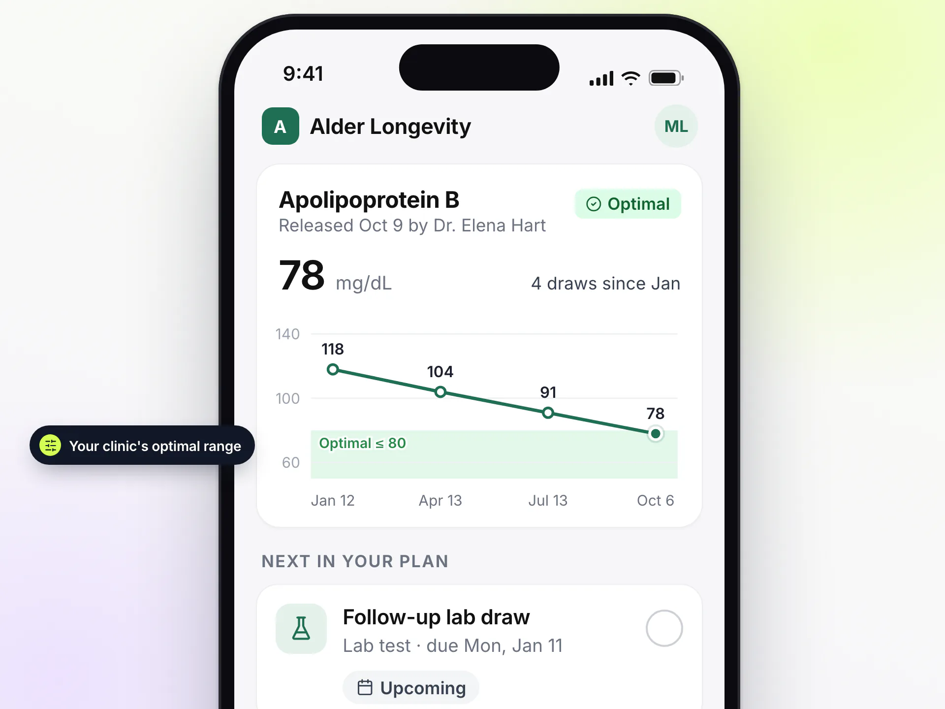 Clinic branded LongevityEHR patient portal on a phone with an ApoB trend in the clinic optimal range and the next lab draw
