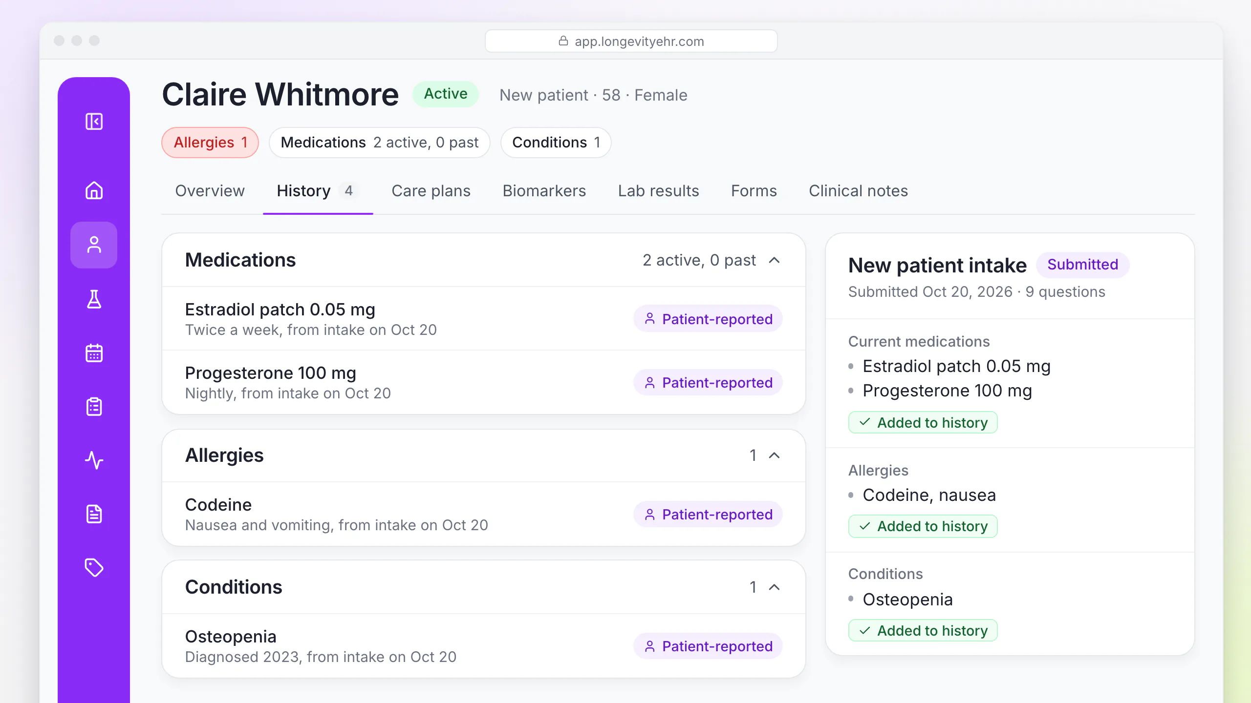 LongevityEHR patient history with medications, allergies and conditions filed from a submitted intake form and tagged as patient-reported