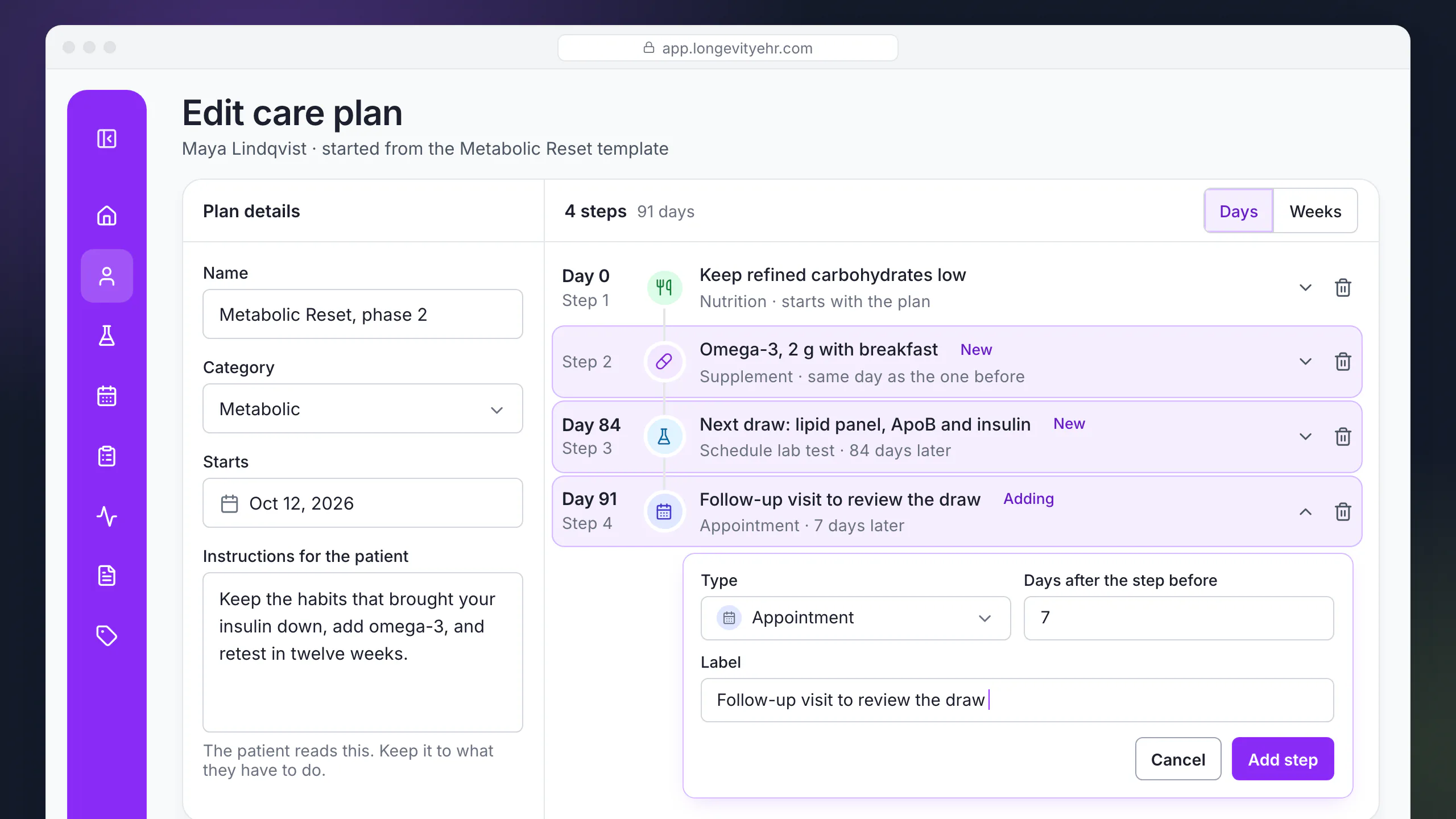 LongevityEHR care plan editor started from a clinic template, adding a supplement, a next lab draw and a follow-up appointment step
