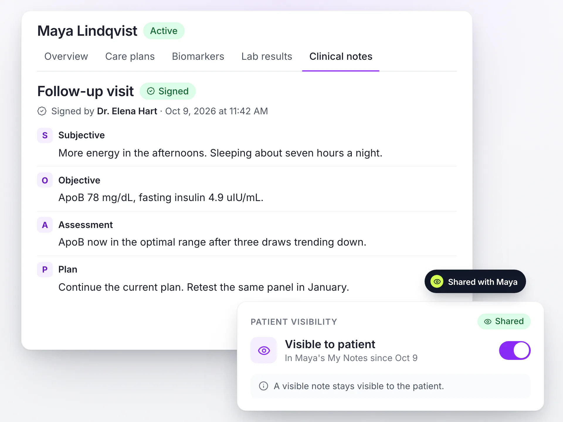 LongevityEHR signed SOAP note in the patient chart with the patient visibility switch on and the note shared