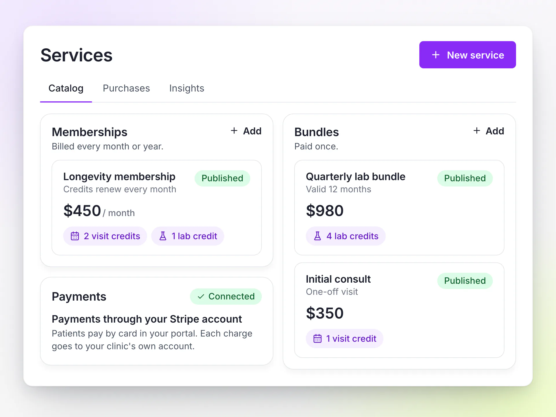 LongevityEHR services catalog with a monthly membership, a lab bundle and an initial consult, each priced, with Stripe payments connected