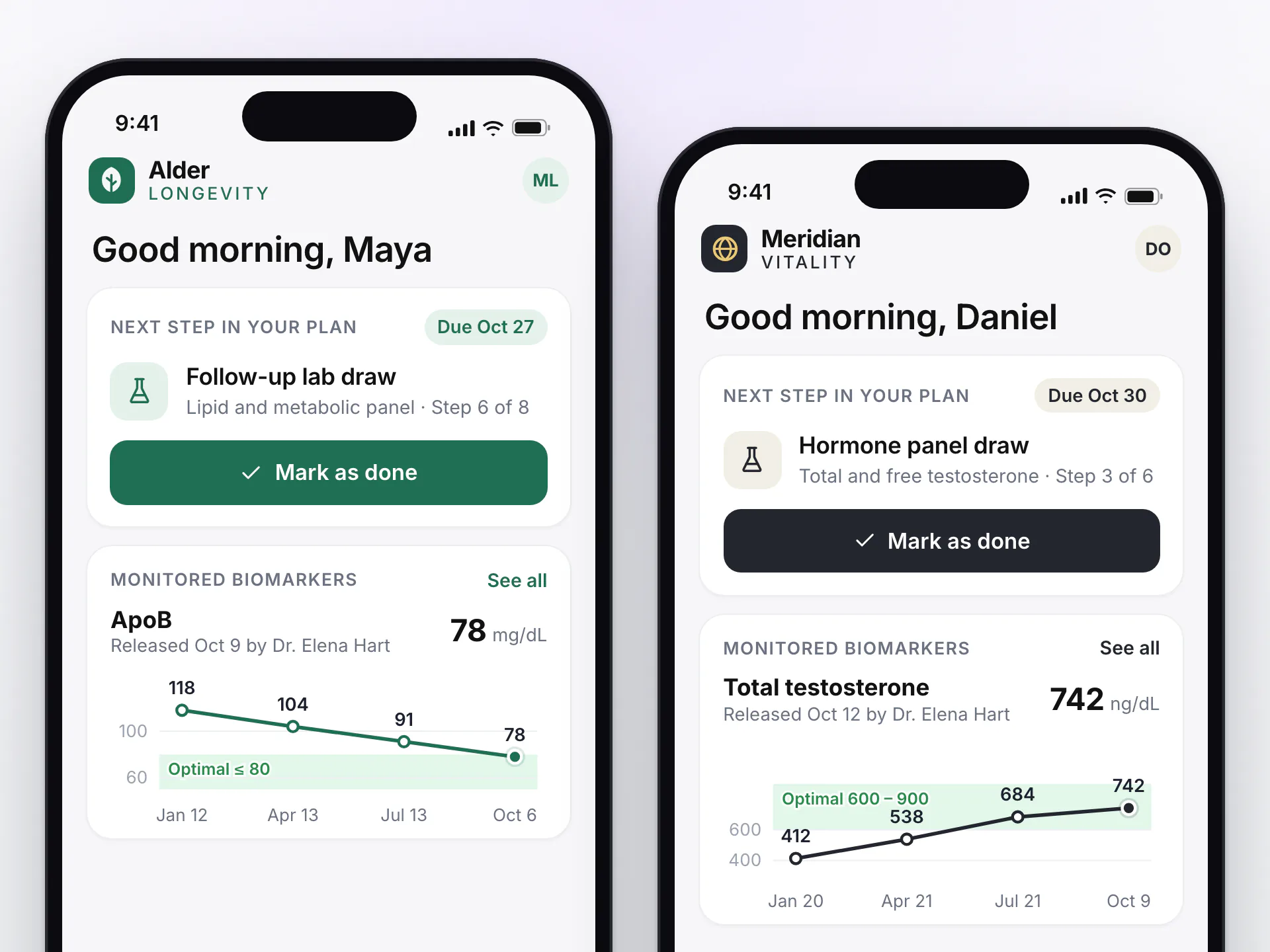 The same LongevityEHR patient portal home on two phones in two different clinic brands, each with its own colors and logo
