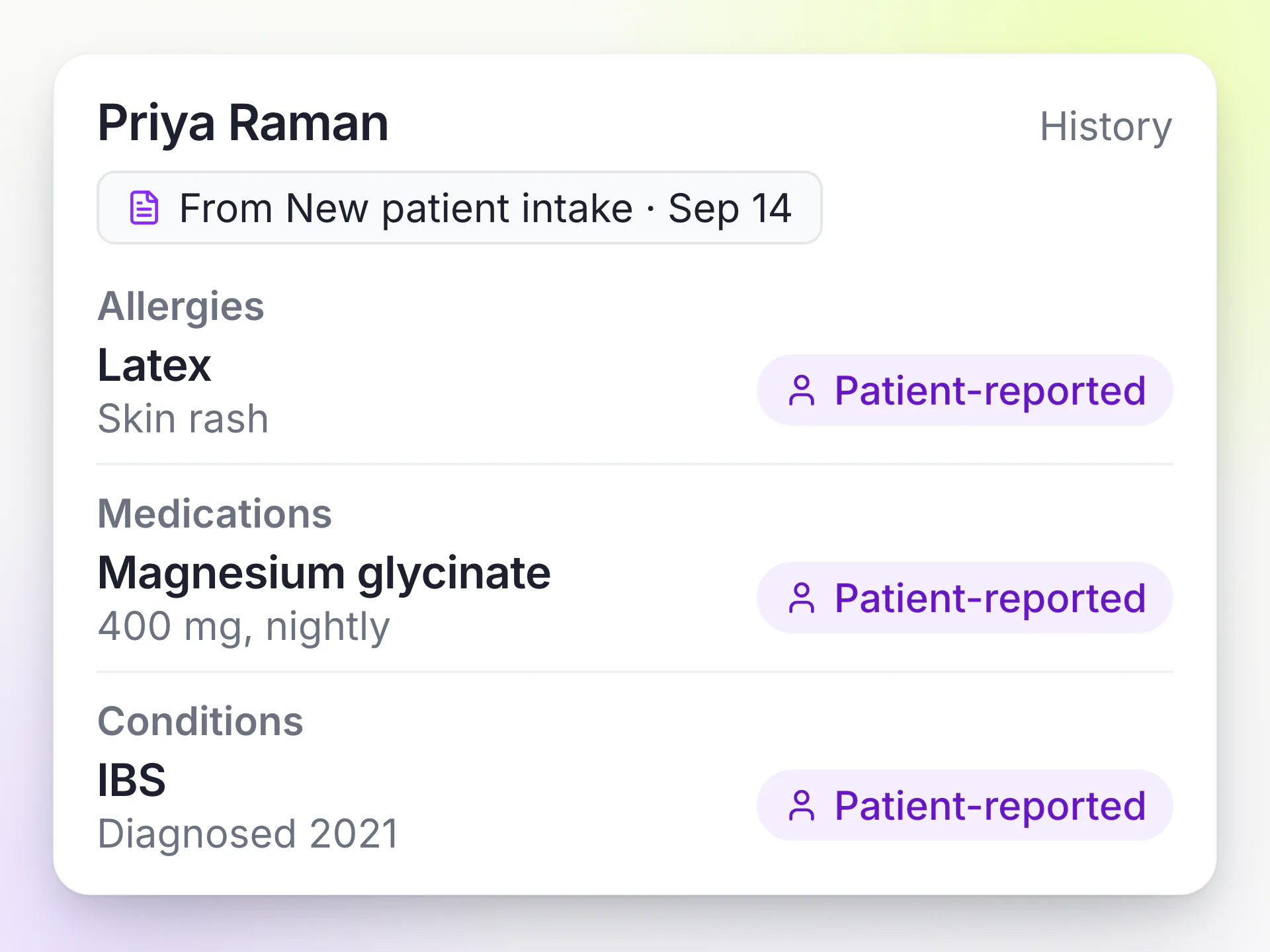 LongevityEHR patient history with an allergy, a medication and a condition filed from a new patient intake and tagged patient-reported
