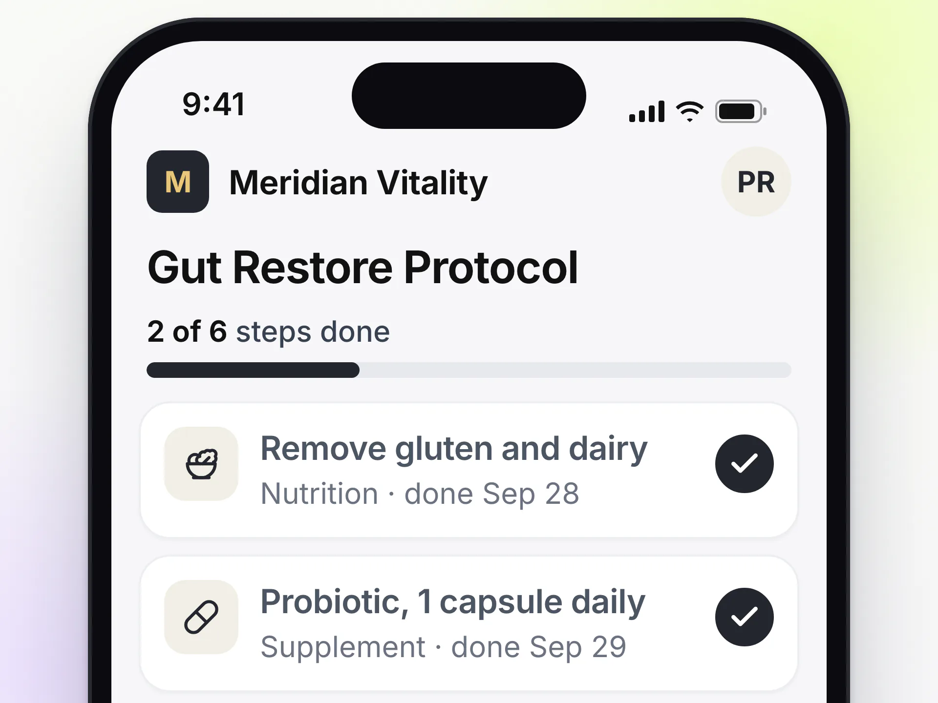 Clinic branded LongevityEHR portal on a phone showing a gut health protocol with nutrition and supplement steps marked done