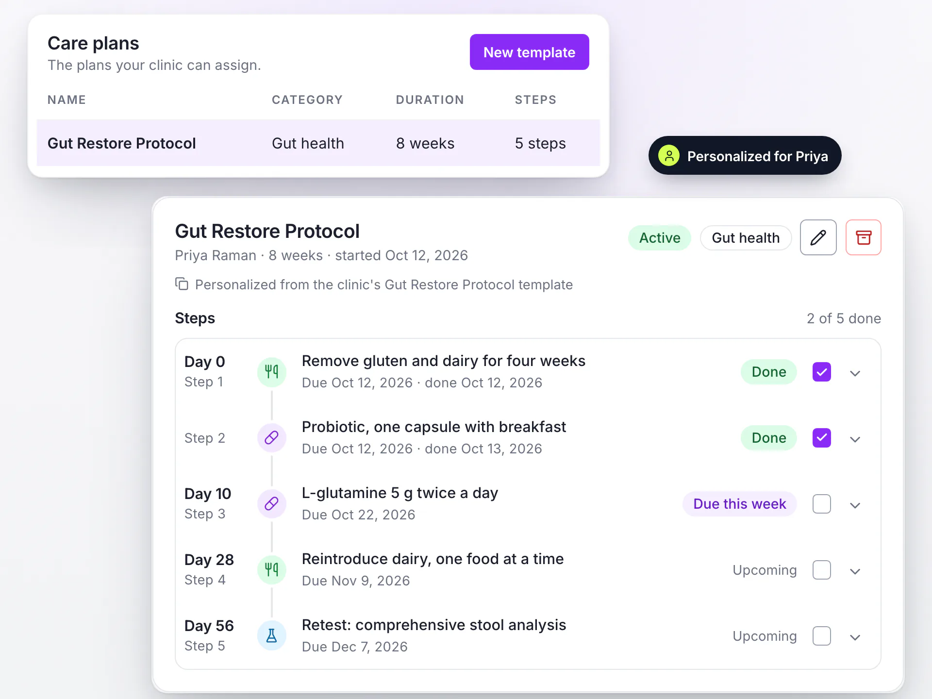 LongevityEHR gut health protocol template personalized for one patient, with nutrition, supplement and retest steps and two marked done