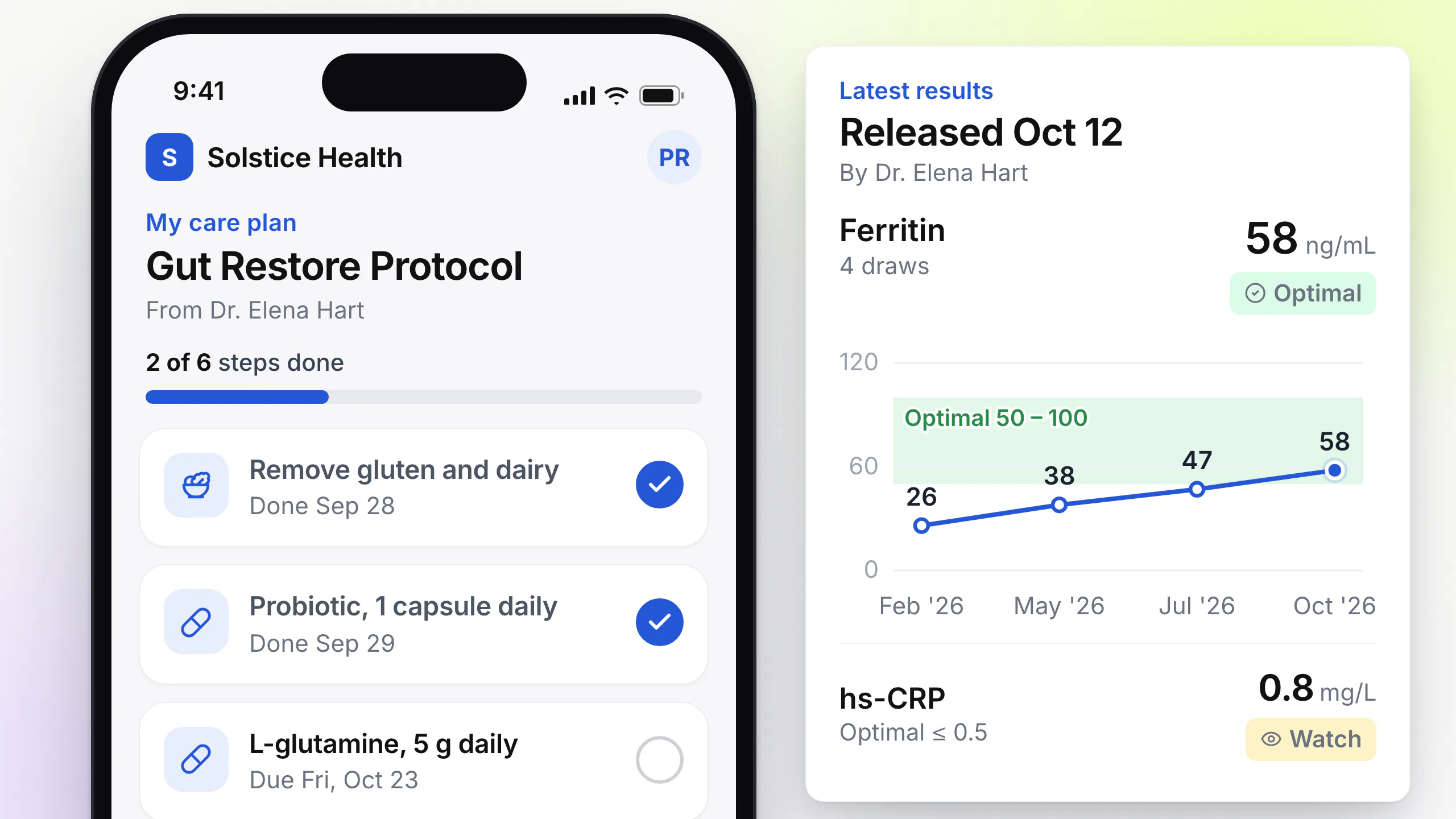 Clinic branded LongevityEHR portal on a phone with a gut health care plan, two steps done, beside the latest ferritin results