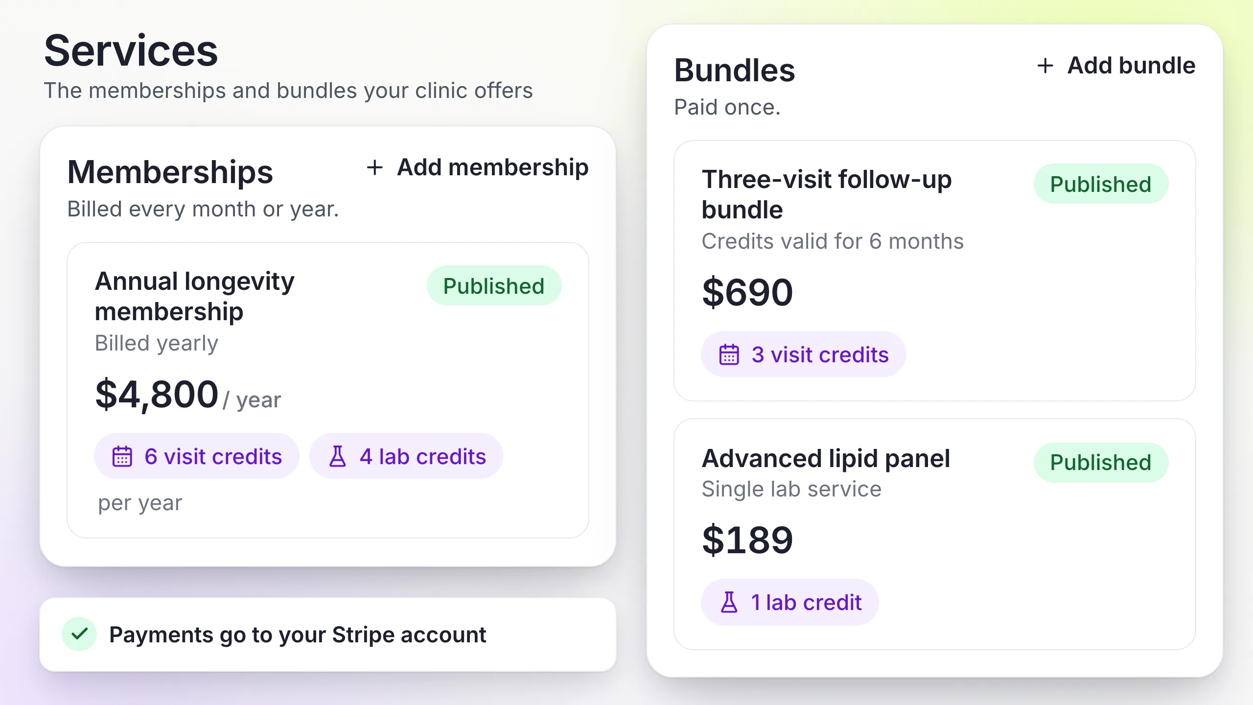 LongevityEHR services catalog with an annual membership, a three visit bundle and a single lipid panel, each showing price and credits
