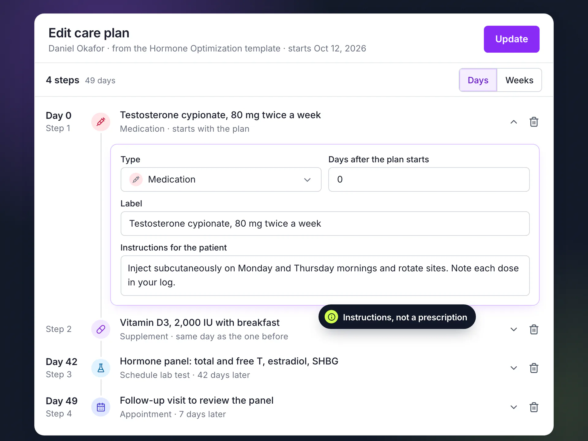 LongevityEHR care plan editor from a hormone template with a medication instruction, a supplement, a lab panel and a follow-up visit step