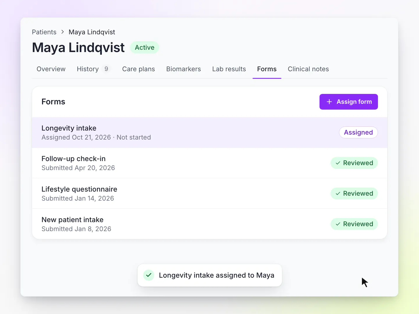 LongevityEHR patient chart forms tab with a longevity intake form just assigned to the patient, above earlier reviewed forms