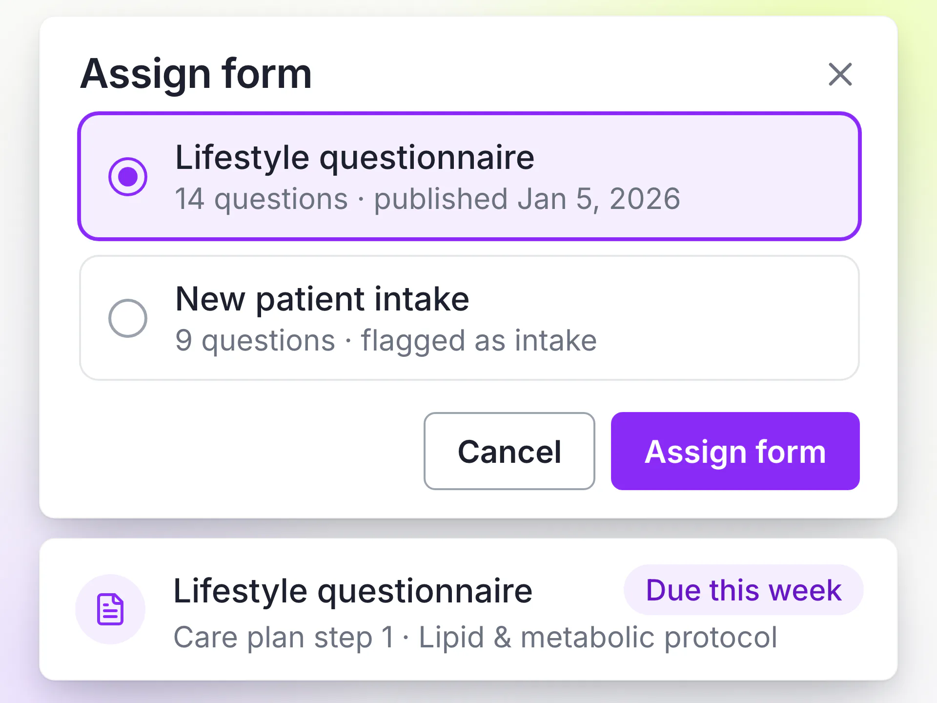 LongevityEHR assign form dialog with a published lifestyle questionnaire selected, above a care plan step naming the same form