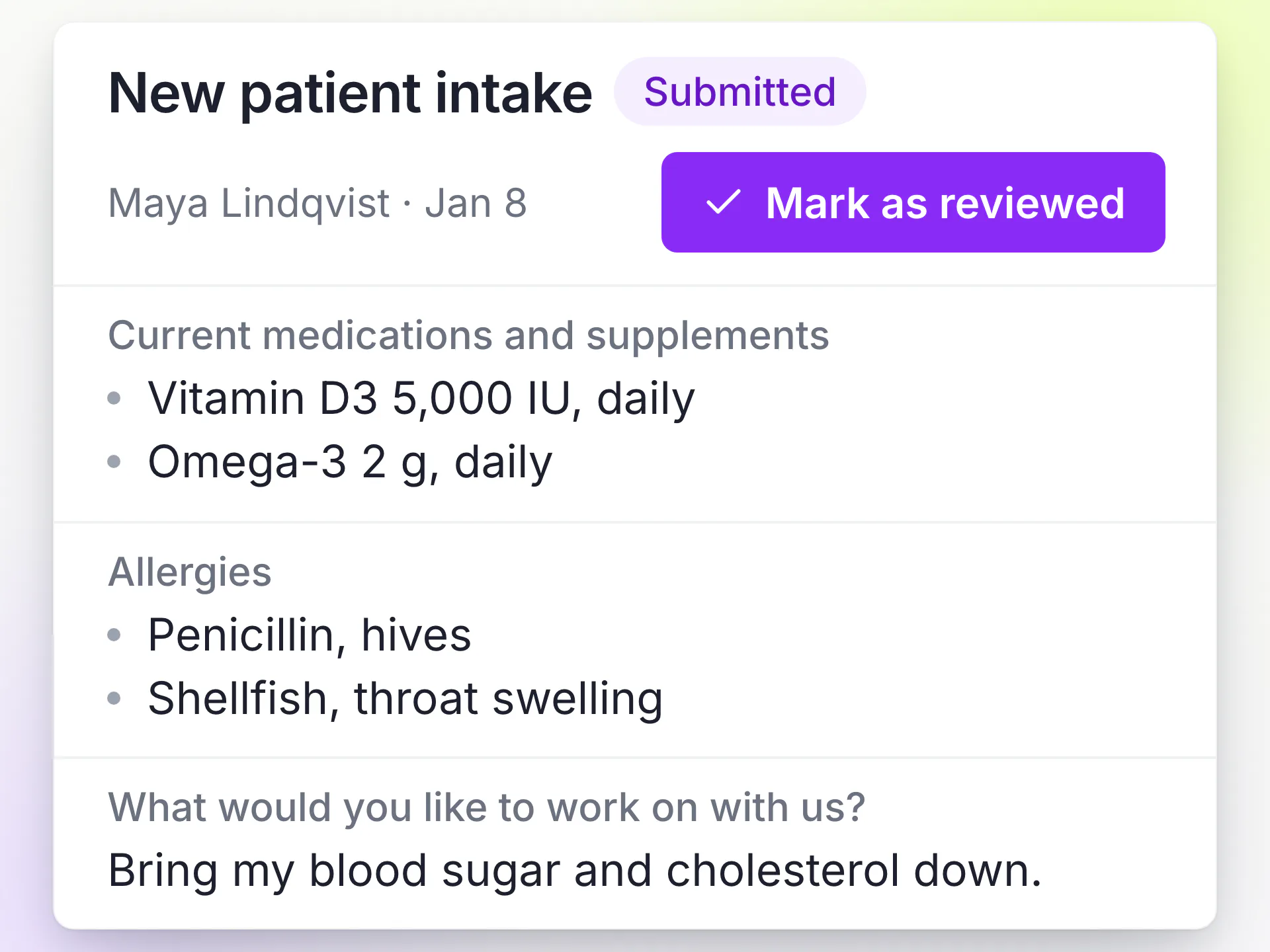 LongevityEHR submitted new patient intake showing medications, allergies and goals with a Mark as reviewed button