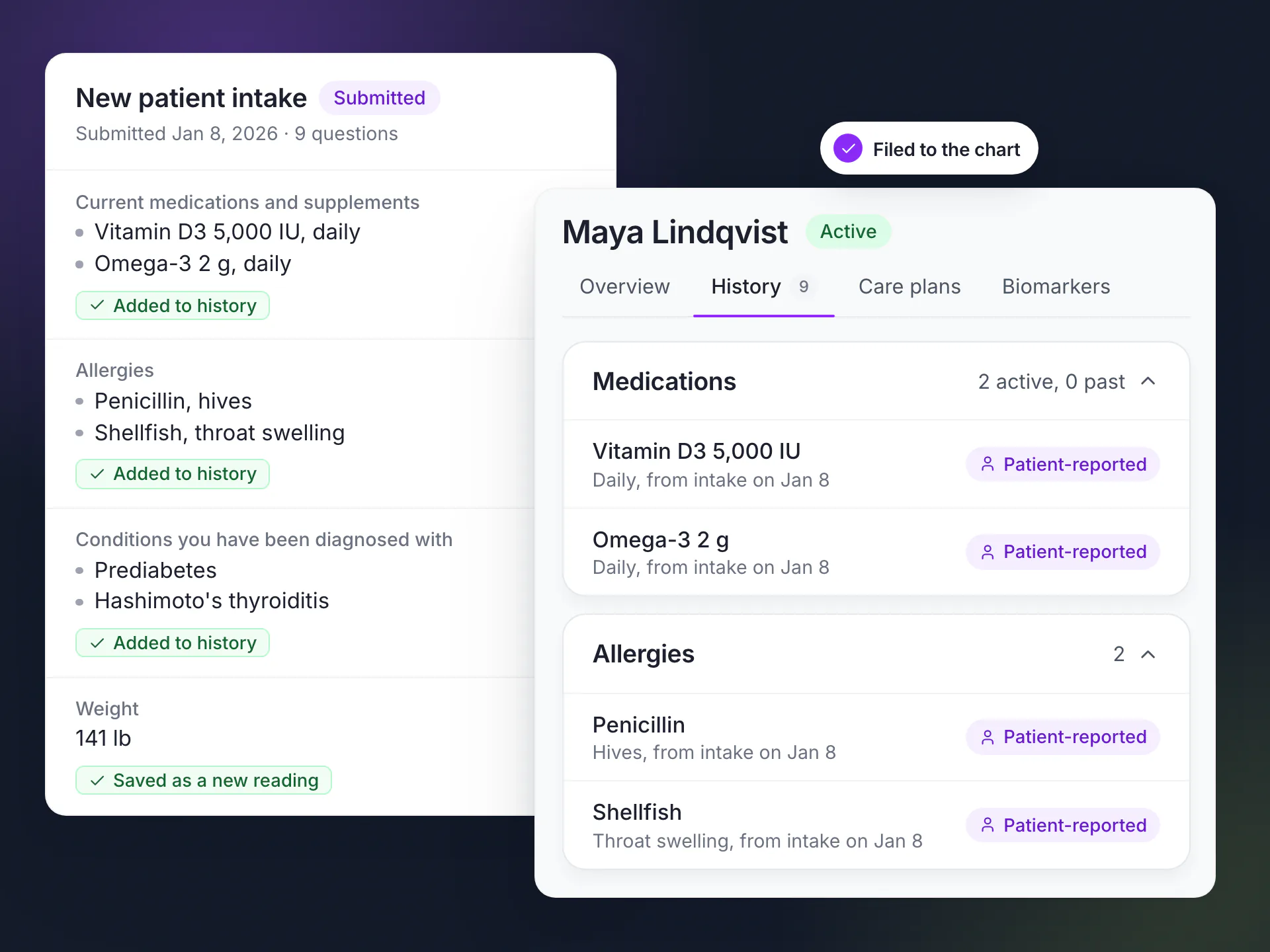 LongevityEHR submitted intake form next to the patient history, with medications and allergies filed to the chart as patient-reported