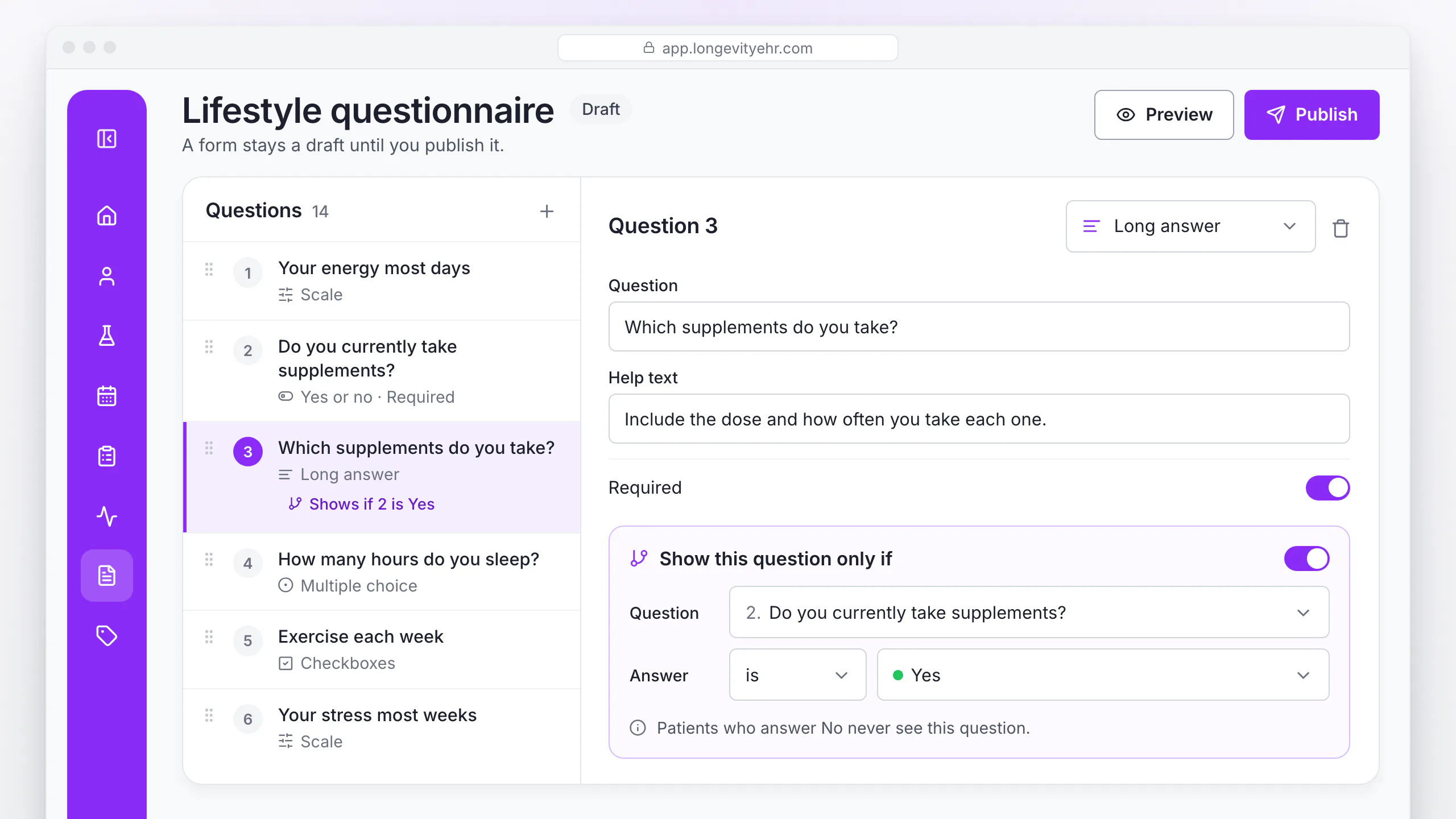 LongevityEHR form builder with a supplements question set to show only when the earlier supplements question is answered yes