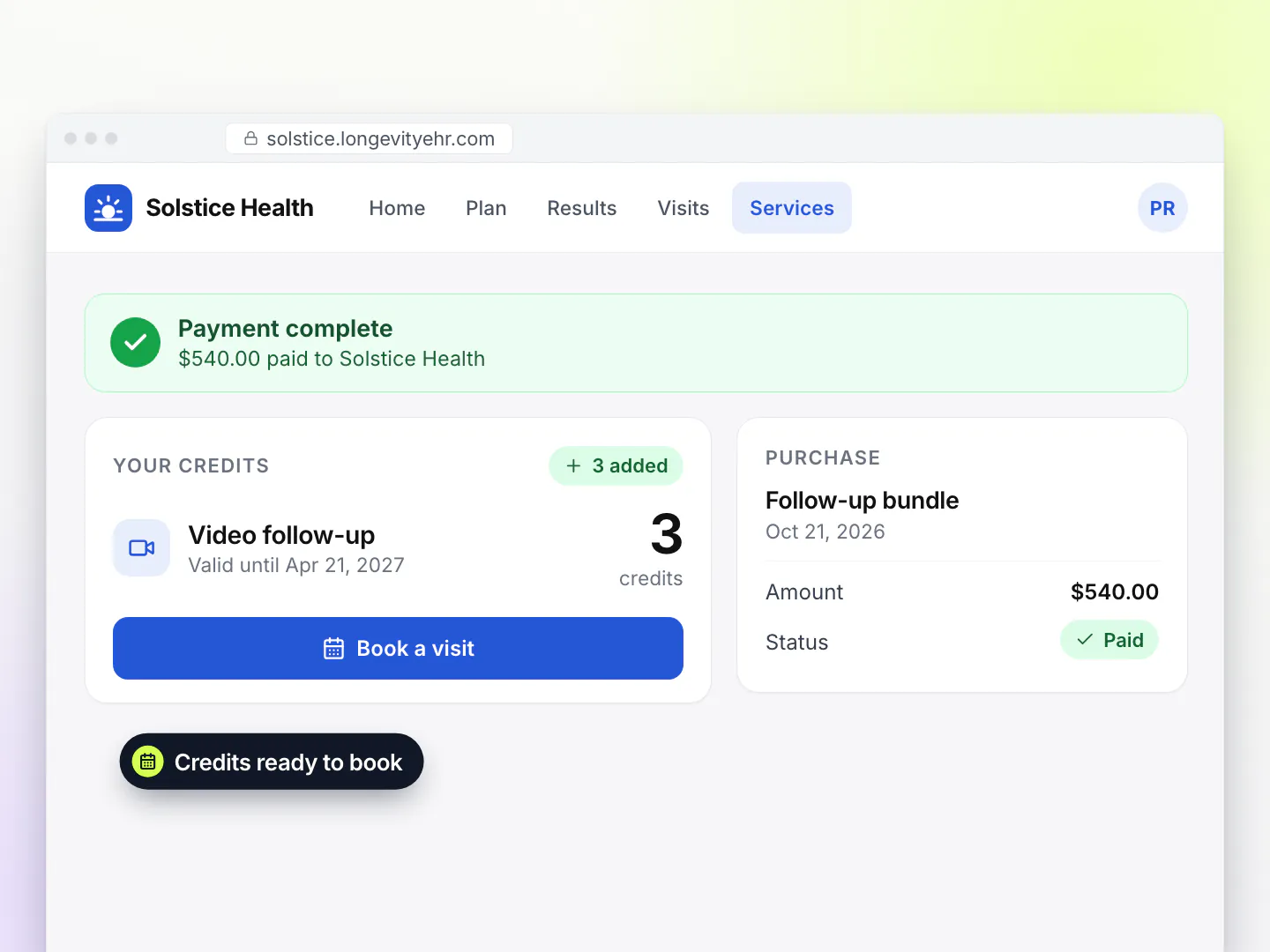 Clinic branded LongevityEHR patient portal confirming payment for a follow-up bundle, with three video visit credits added and ready to book