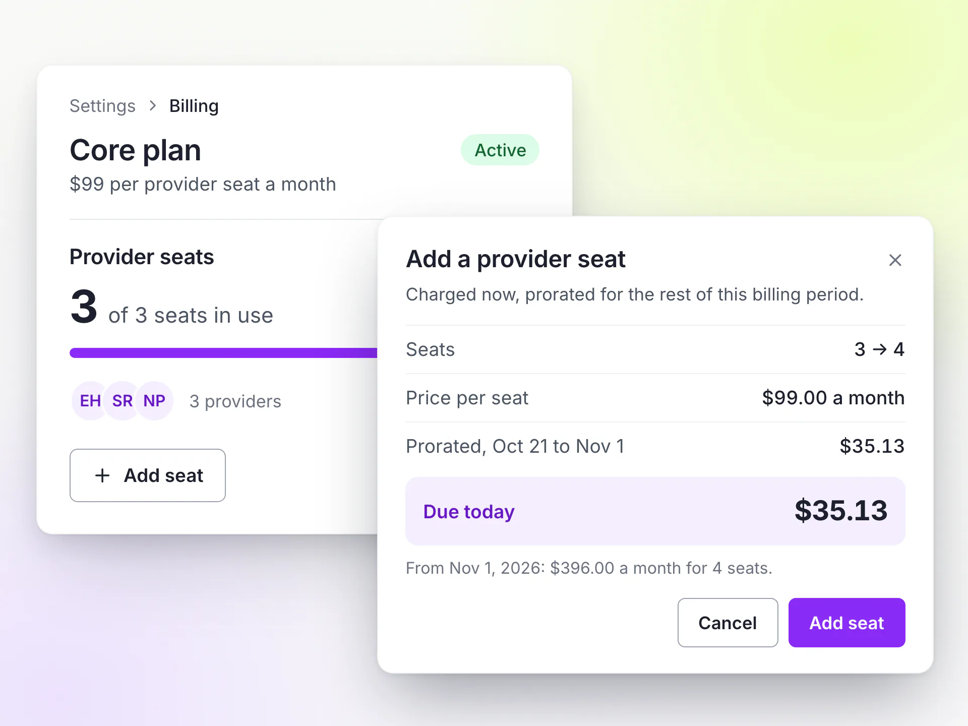 LongevityEHR billing settings with three of three provider seats in use and the add seat dialog showing the prorated amount