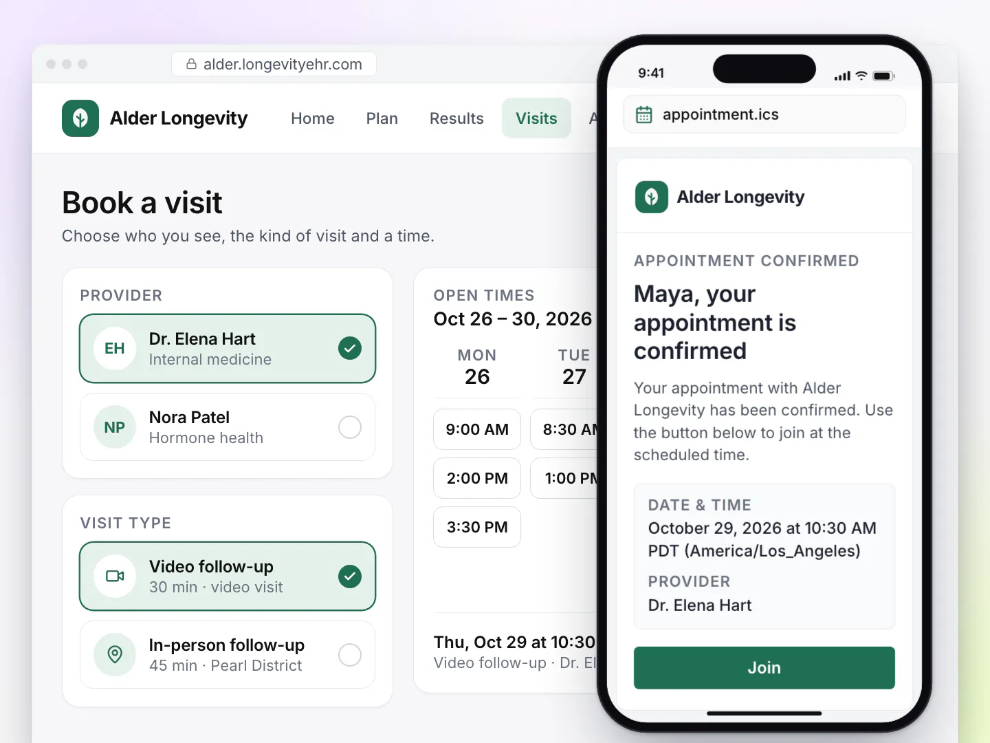 Clinic branded LongevityEHR booking page with a provider and video follow-up selected, beside the confirmation email with a Join button