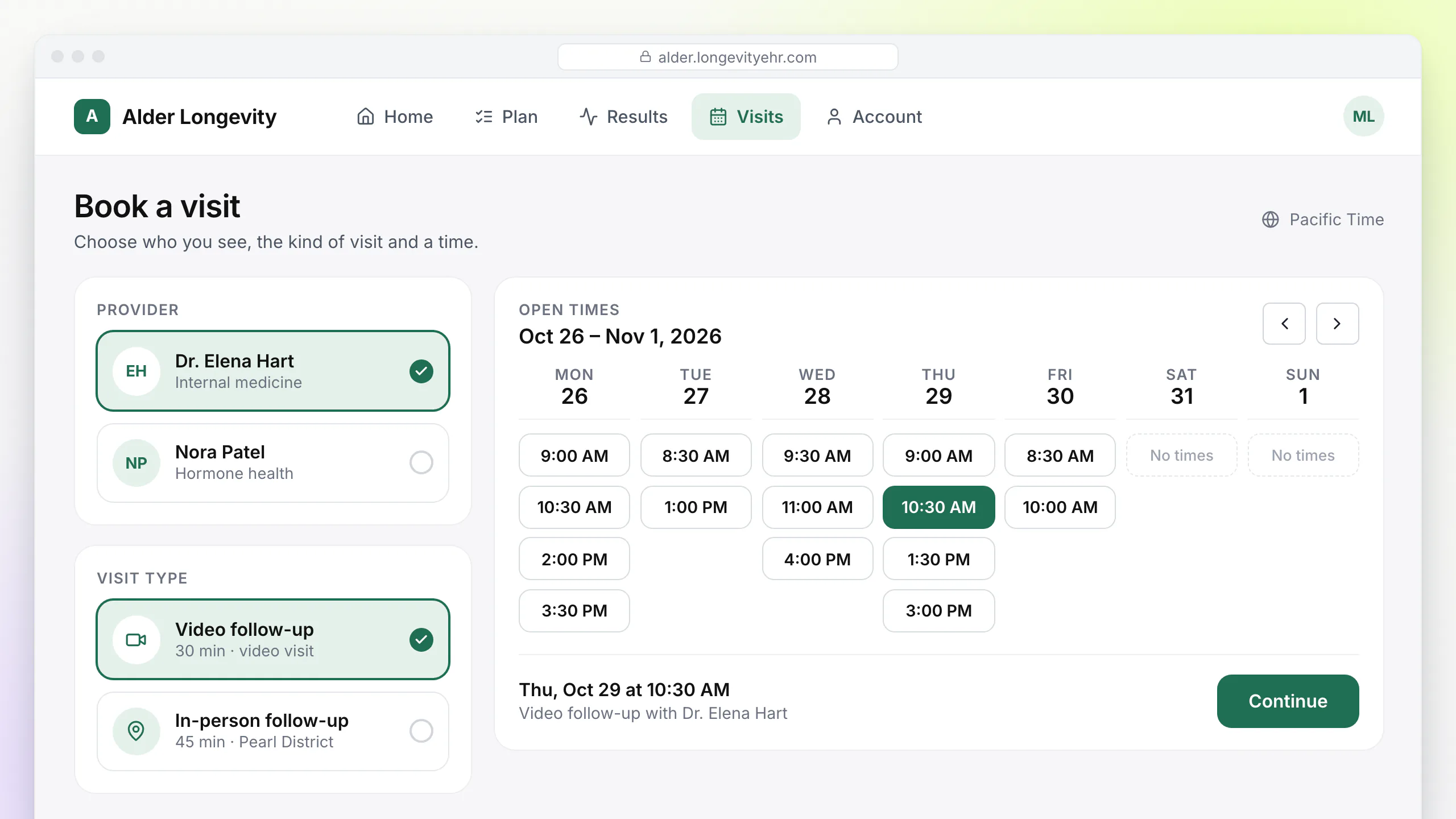 Clinic branded LongevityEHR portal booking screen with a provider selected, a video follow-up visit type and a week of open slots