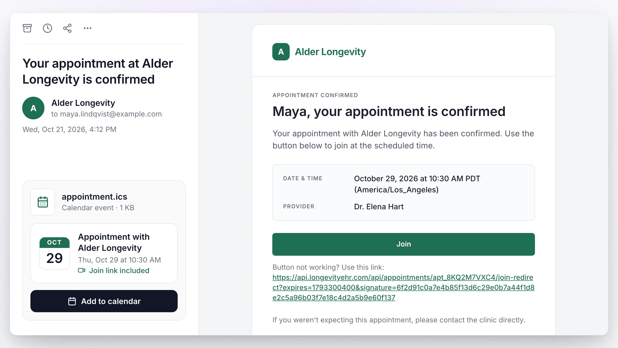 Clinic branded LongevityEHR confirmation email with the visit date, time and provider, a Join button and an Add to calendar attachment