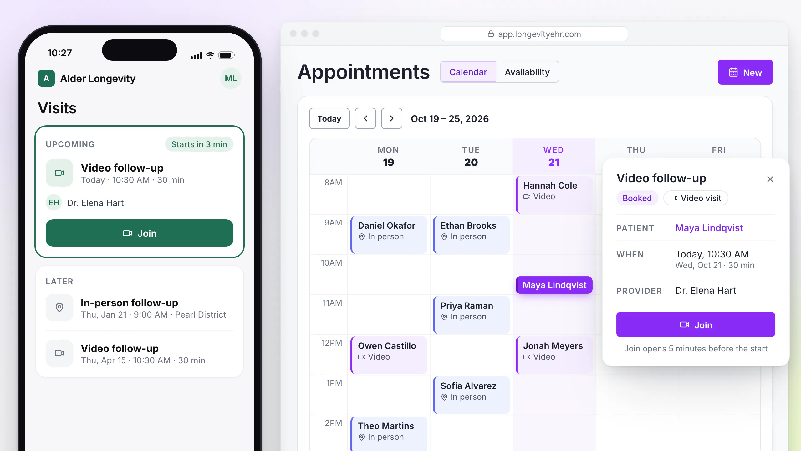 LongevityEHR portal on a phone with a Join button for an upcoming video visit, beside the provider calendar with its own Join