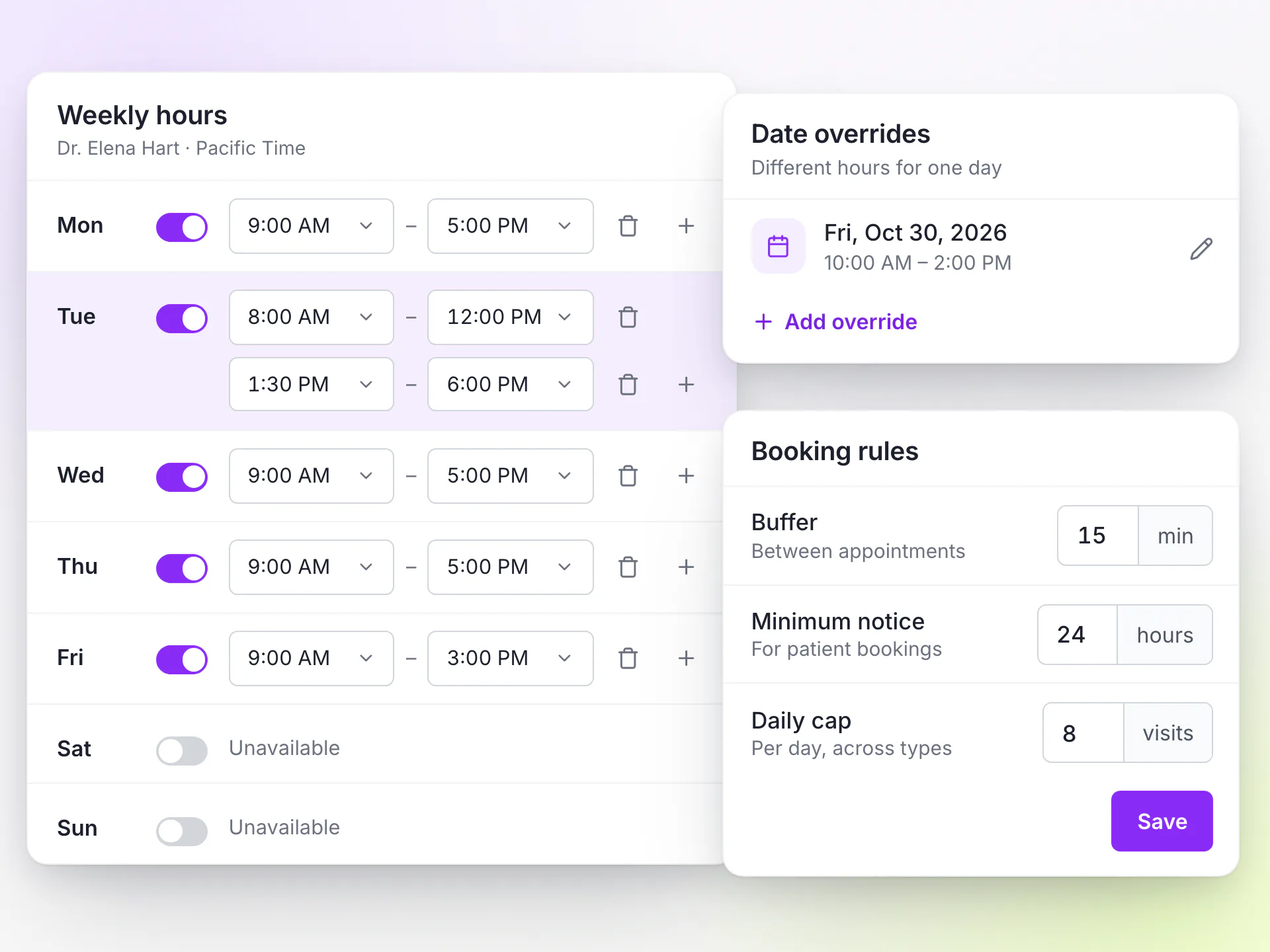 LongevityEHR provider availability settings with weekly hours, two ranges on Tuesday, a Friday date override and buffer, notice and daily cap rules