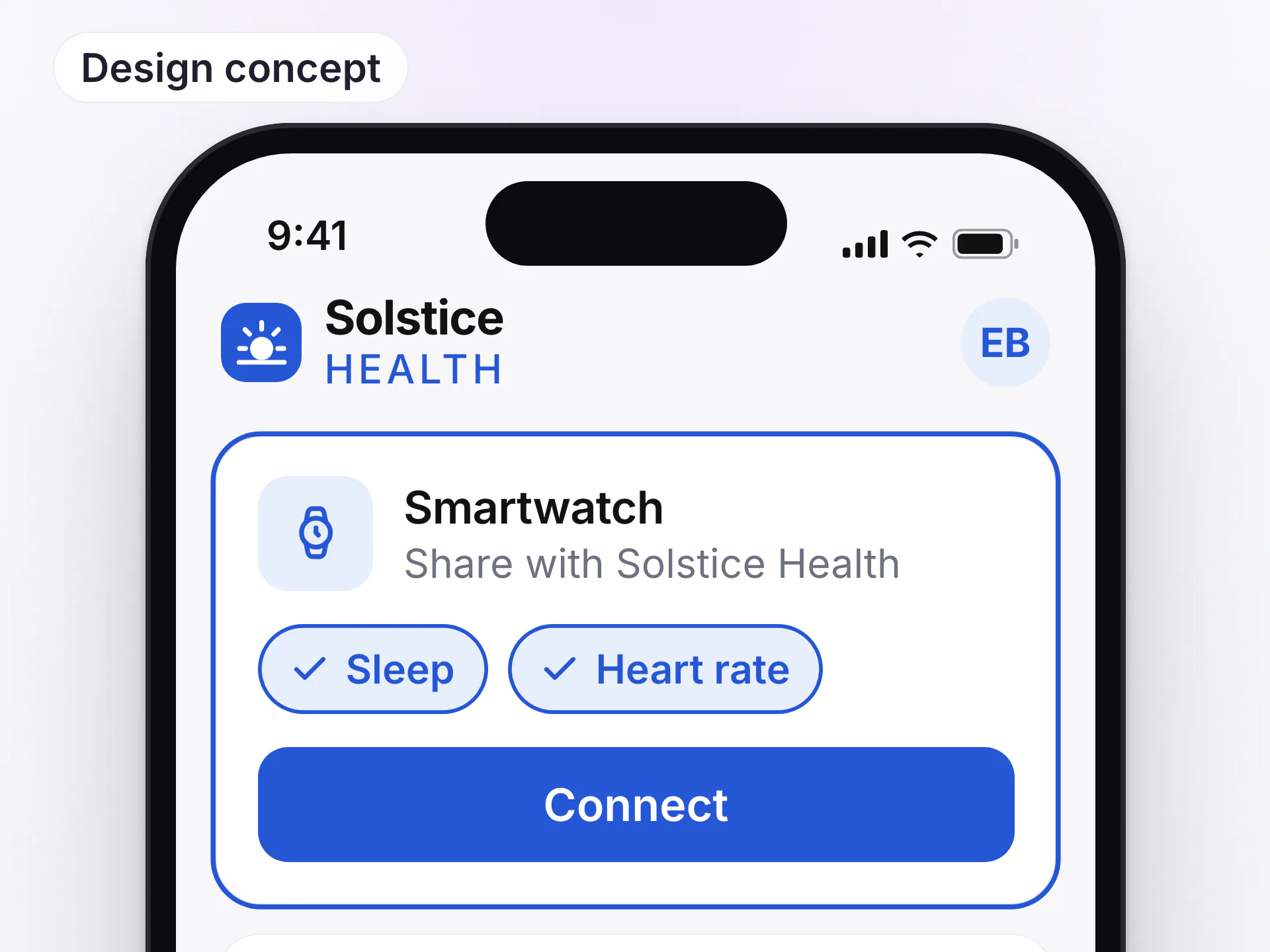 Design concept of a clinic branded LongevityEHR phone portal where the patient connects a smartwatch to share sleep and heart rate